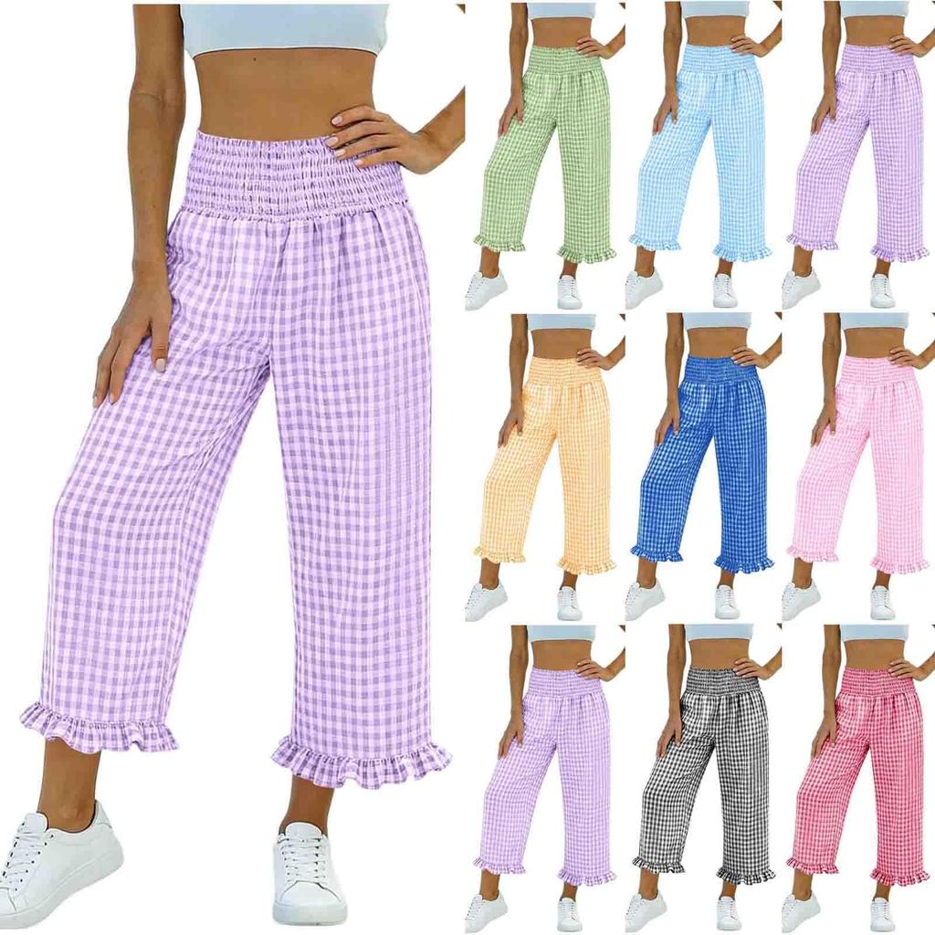 Women's Fashion Ruffle Hem Tartan Pocketed Pleated High-Waisted 9/10 Straight Leg Sporty Loose Casual Pants