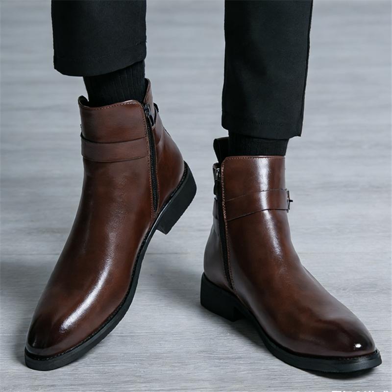 Designer Winter Fashion New Men's Pointed Brown Black Chelsea Ankle Boots Botas Male Casual High-tops Punk Rock Shoes