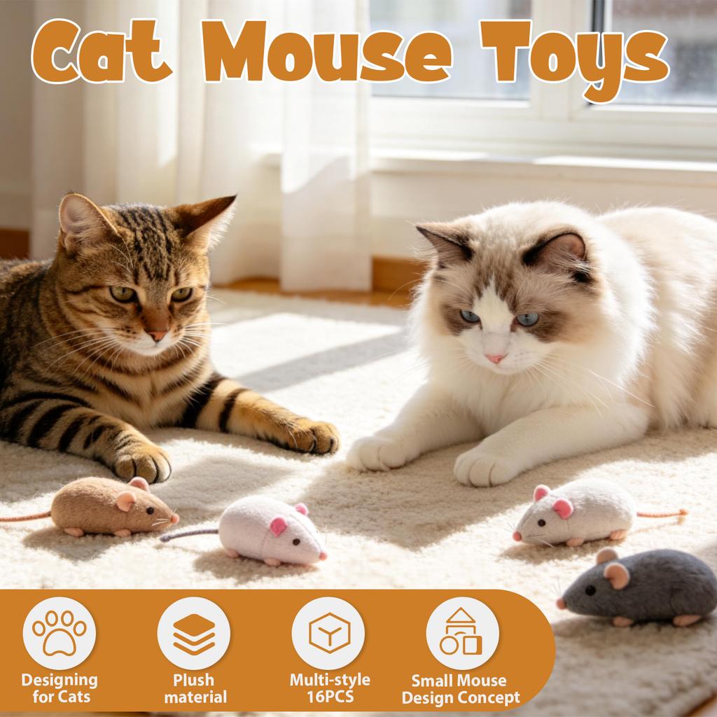 16Pcs Interactive Cat Mice Toy Funny Plush Cat Mouse Toy Realistic Cat Scratch Mouse Toy Pet Supplies for Indoor Kitten 8 Colors