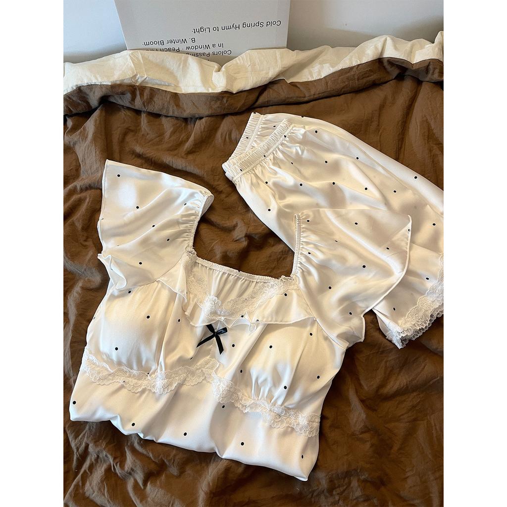 French lace polka dots with chest pad ice silk pajamas women's summer sweet small flying sleeves shorts loungewear set