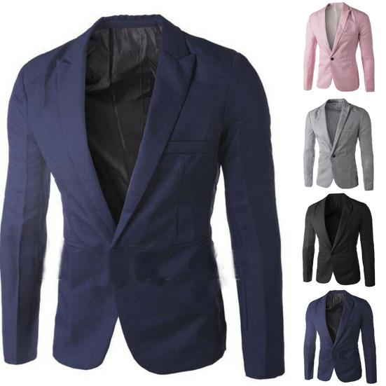 Men Solid Color Long Sleeve Lapel One Button Pocket Blazer Slim Fit Suit Coat