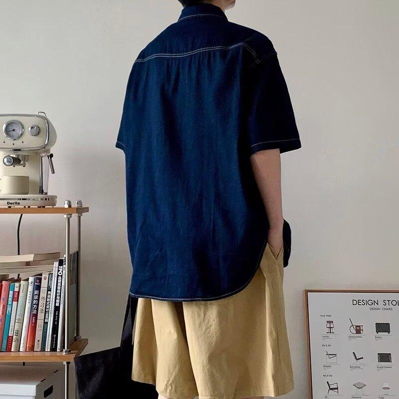 

Японский ретро модный бренд летняя свободная джинсовая рубашка с короткими рукавами художественная молодежная рабочая рубашка мужская и женская многослойная куртка 2XL темно-синий