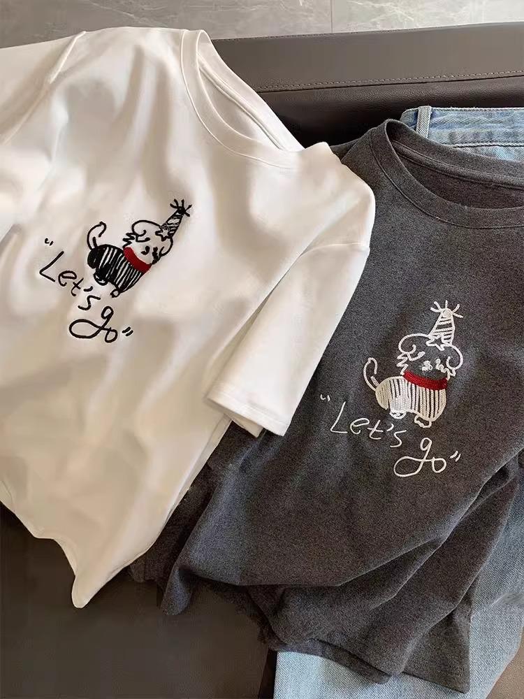 

2025 Summer Women s Embroidered Puppy Short Sleeve Casual Loose Top XL
