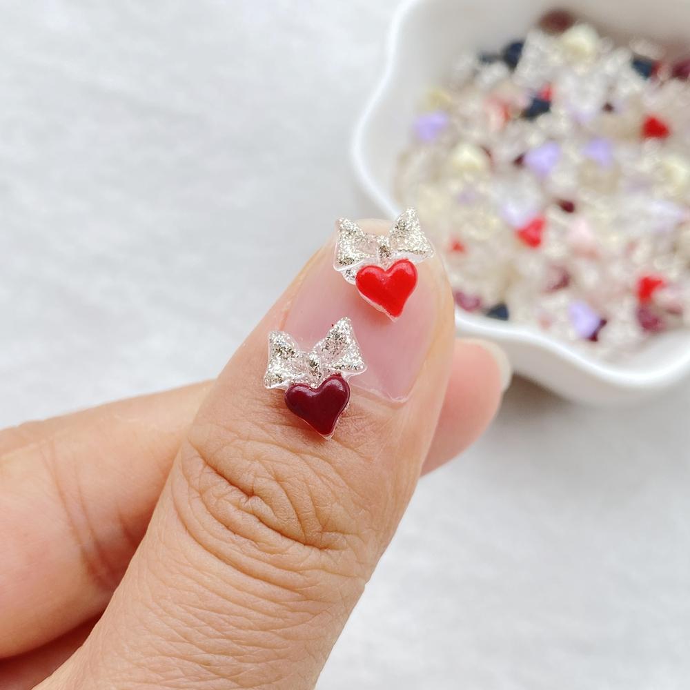 100Pcs Resin 3D Colorful Mini Crystal bow heart-shaped Gems Flatback Figurines Scrapbook Wedding Applique Nail Art Decor Crafts