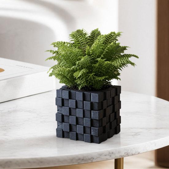 3D Printed Pixel Cube Planter, Grid Spliced Decor, Retro Geometric Ornament, Matte Breathable Structure, Compact Desktop Pot for Succulents Green