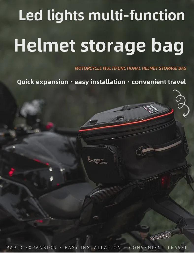 Motocyklový multifunkční pevný skořepinový ocasní vak a LED batoh na helmu