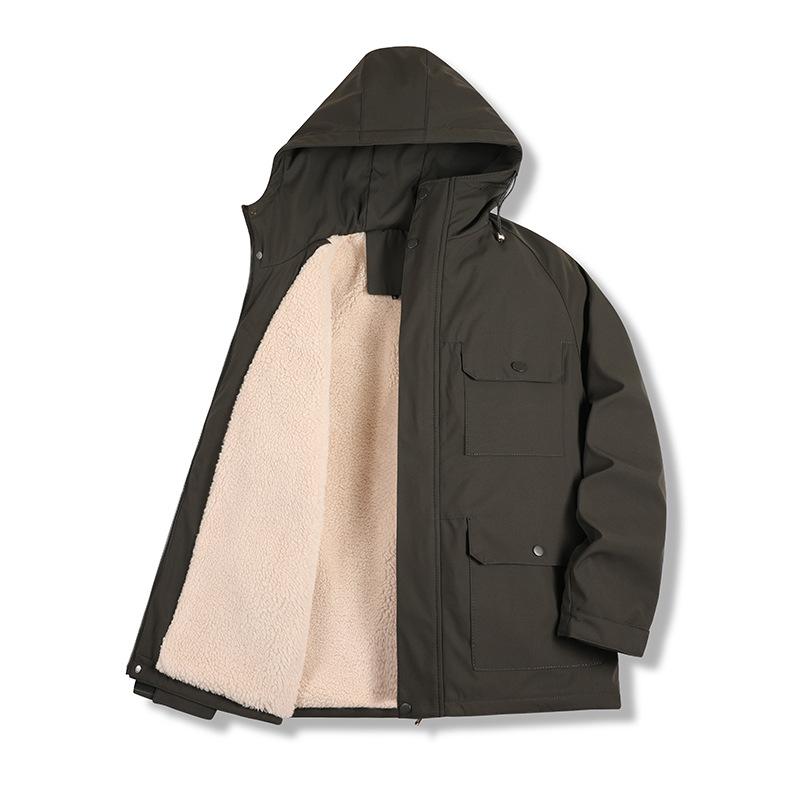 Autumn and Winter Thick Fleece Windbreaker Men's Stand Up Collar Hooded Windproof Jacket Lamb Fleece Warm Jacket Men's Multi Pocket Windbreaker