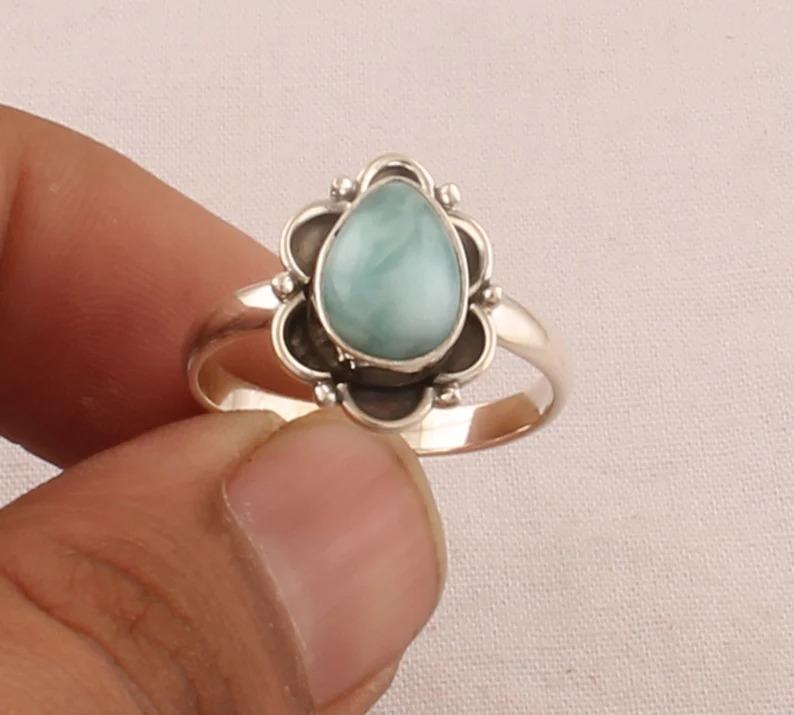 Natural Larimar Gemstone Ring, Birthstone Jewelry, Pear Ring, 925 Silver Ring, Handmade Designer Ring, Unique Gift, Wedding Ring