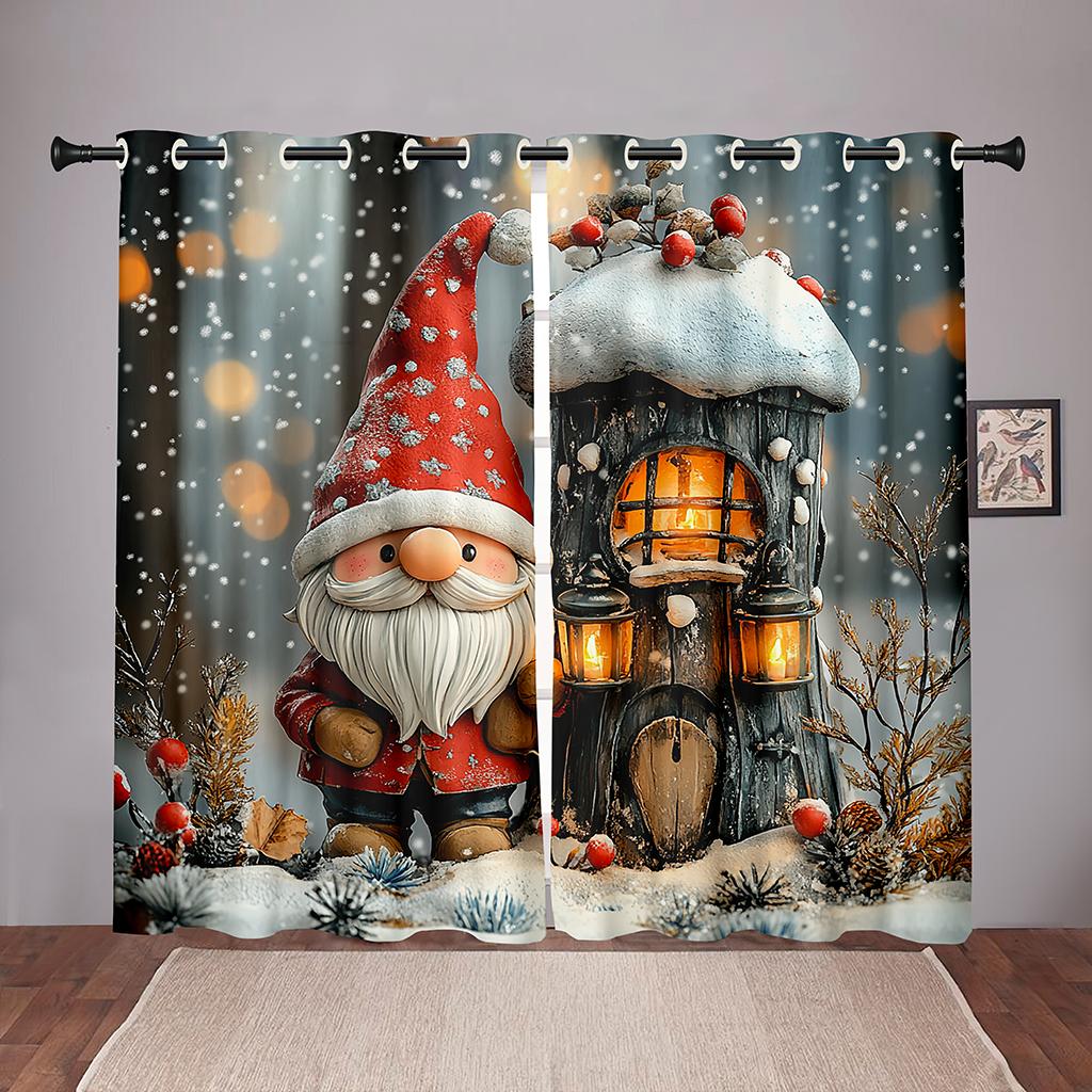 Christmas Gnome Curtains 2 Panels 3D Print Sun Block Winter Holiday Decor Bedroom Living Room Snow Lantern Pattern Cozy Festive