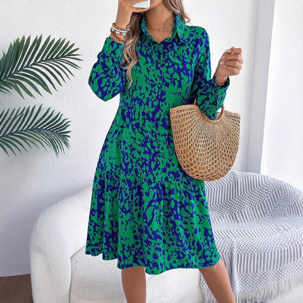 QICED Autumn and Winter Casual Loose, Color-blocking Leopard Print Long-sleeved Shirt Dress for Women
