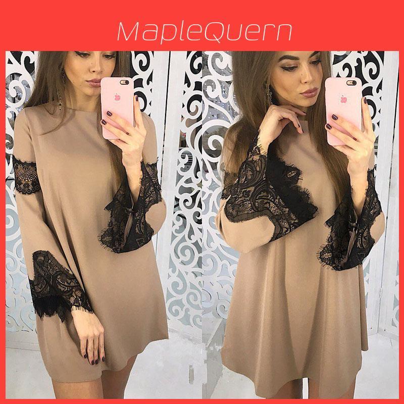 Elegant Solid Color Lace Stitching Dress For Women Perfect For Casual Outings
