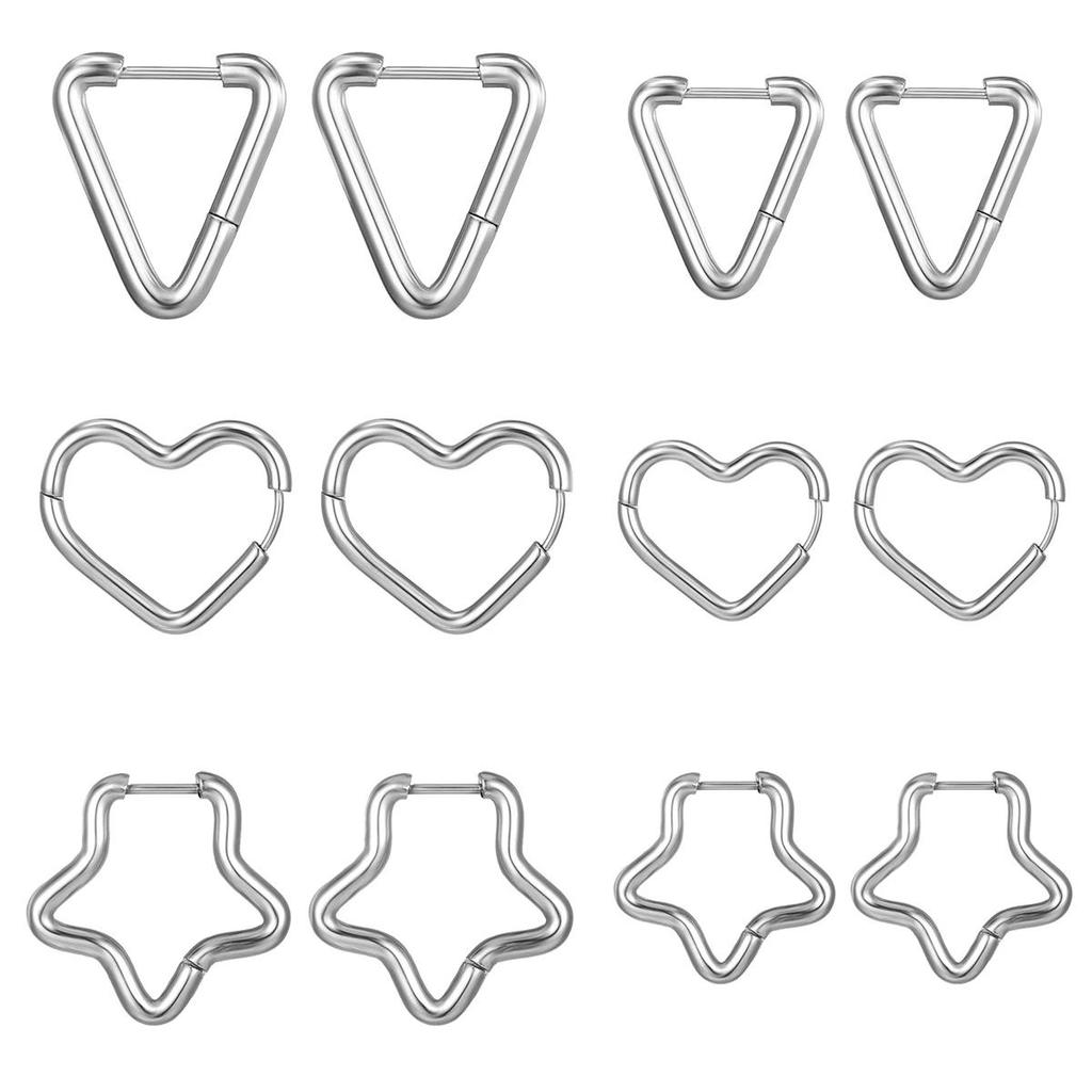 1Pairs Stainless Steel Women Men Ear Stud Triangle Heart Star Circle Hoop Earring Unisex Piercing Jewelry