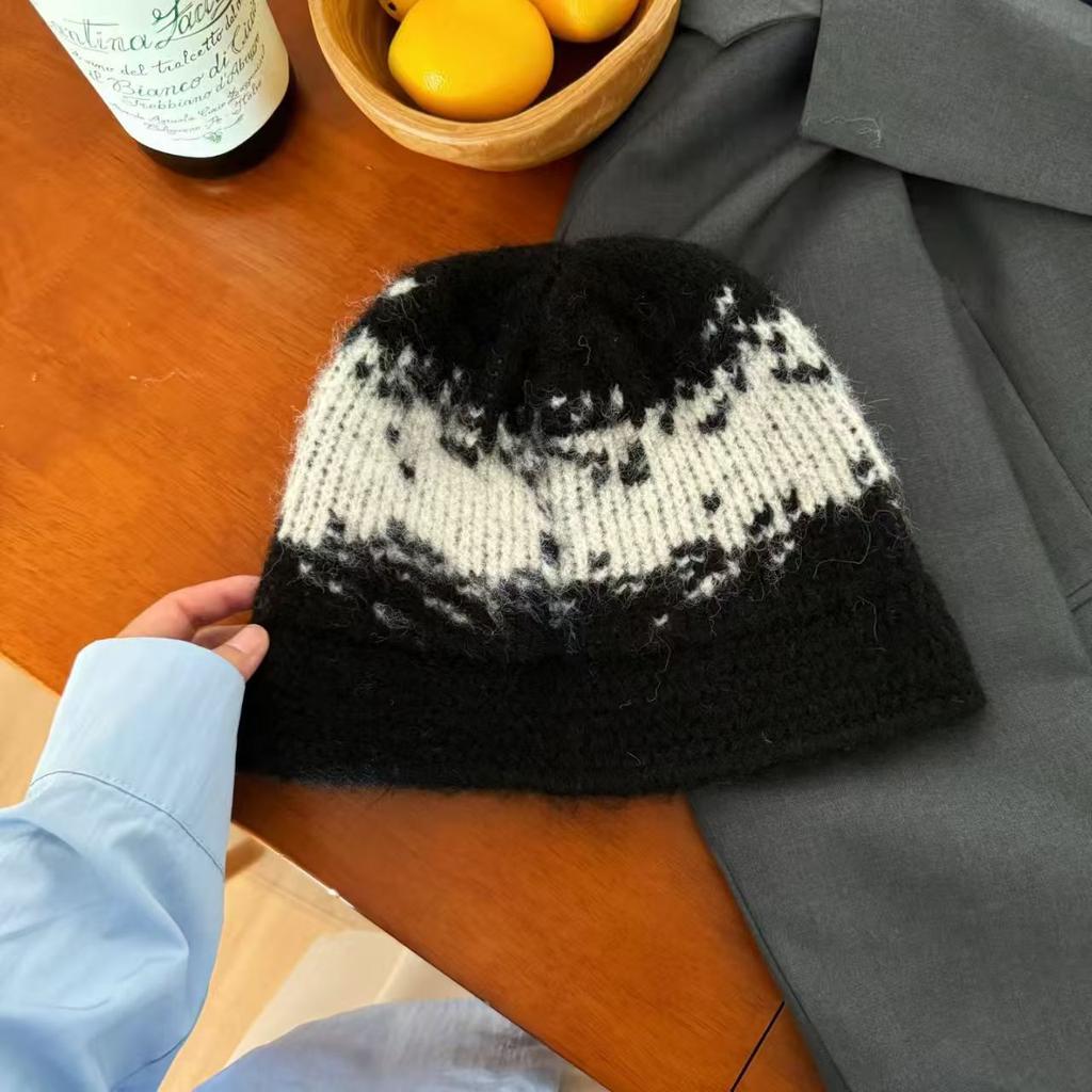 Retro Jacquard Knitted Wool Hat Women's Autumn and Winter Warm Face Bucket Hat Plain Face Small Bucket Hat