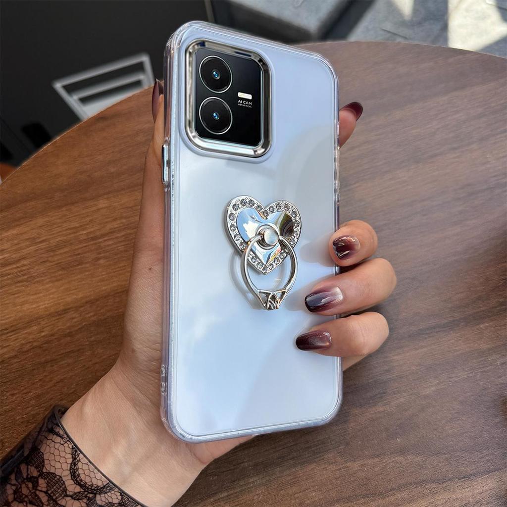 Luxury Bling Rhinestone Heart Ring Bracket Clear Phone Case for Vivo Y21 5G,Y11d,Y05 Stand Cover