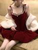 SISI JIANG "New Year Battle Robe" - French Lady Red Velvet Rhinestone Waist-Cinching Elegant Puff Skirt Dress