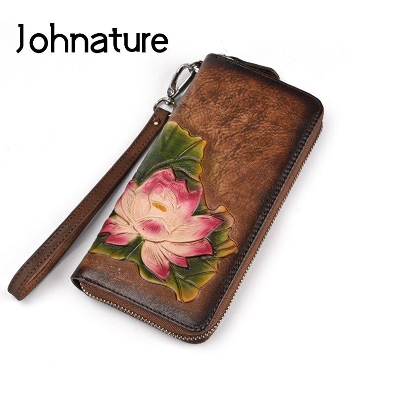 Johnature Handmade Vintage Genuine Leather Ladies Clutch Bags Female Purse Women Floral Zipper Standard Wallets