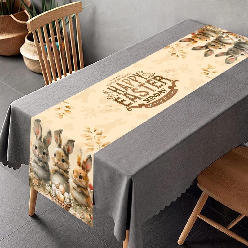 Vintage Easter Bunny Table Runner Polyester Rabbit Eggs Flower Table Flag Easter Decorations For Home Kitchen Dining Table Decor