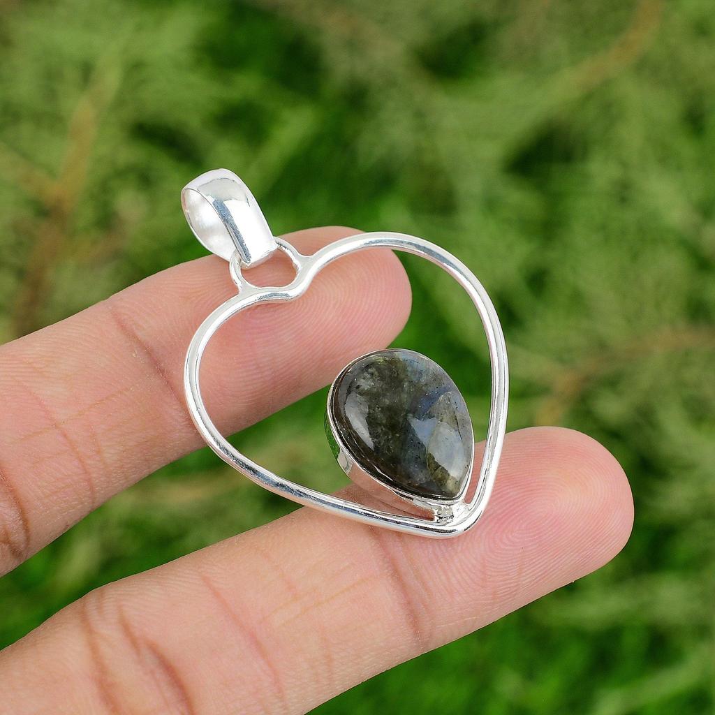 Daughters Day Sale Labradorite Stone Sterling Silver Heart Wife Pendant Jewelry