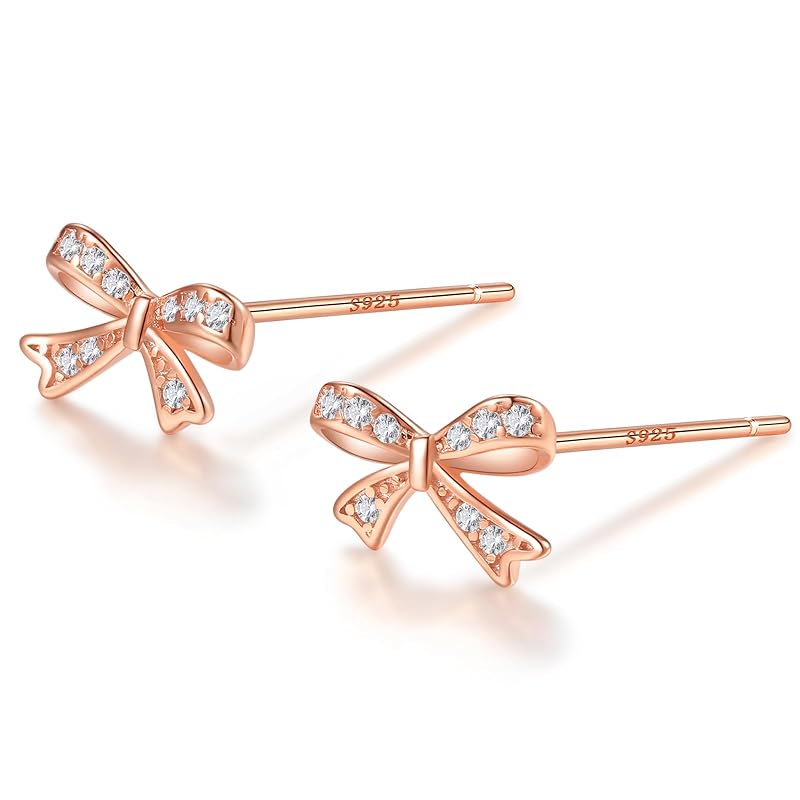 

earrings silver Silver925 ribbon CZ diamond yellow gold 18K coating lovely simple (pink gold)