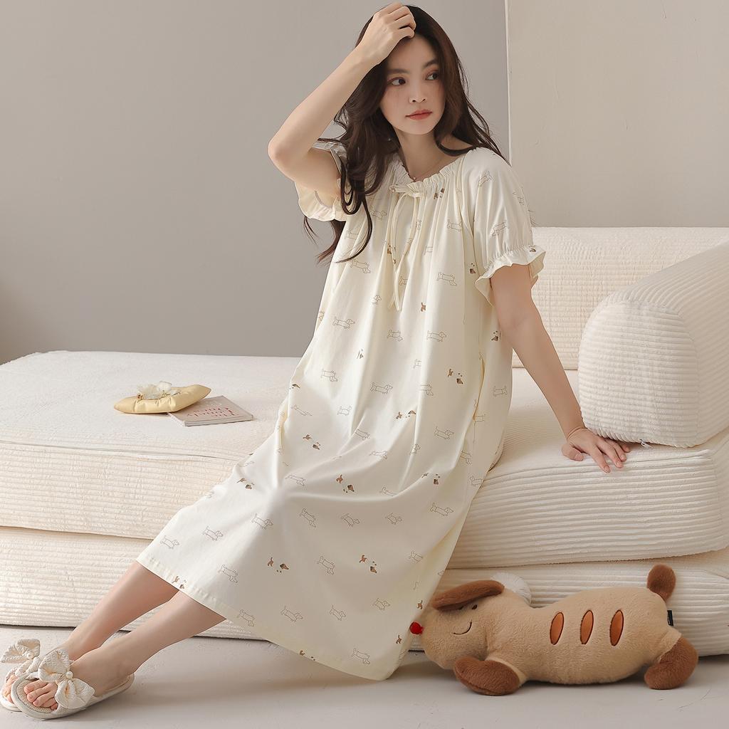 Summer Modal Short-sleeved Nightgown Women's Loose, Sweet and High-end Sense Can Be Worn Outside Medium and Long Over the Knee New Loungewear