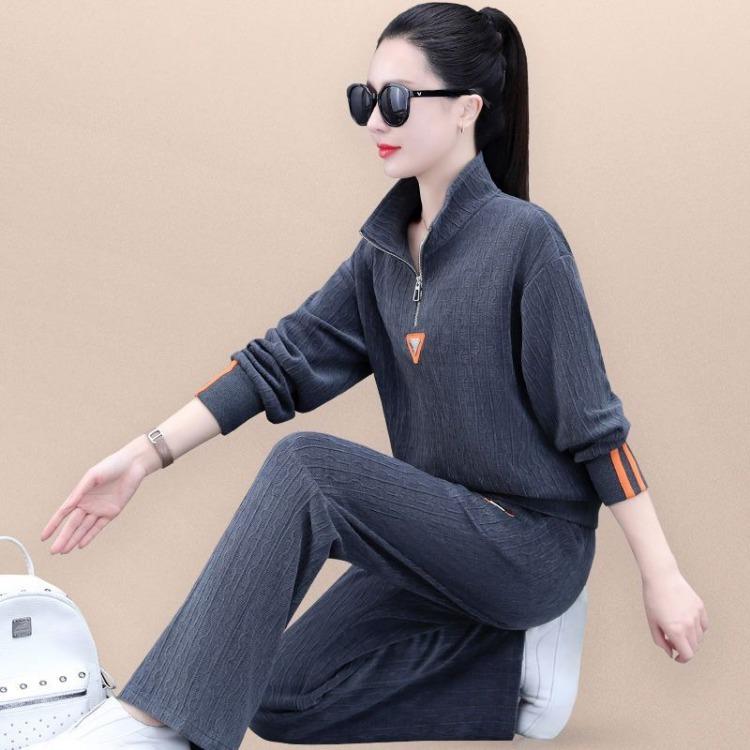 

Осенний комплект из 2 предметов для женщин: толстовка с воротником-стойкой и широкие брюки для повседневной спортивной одежды 4XL серый