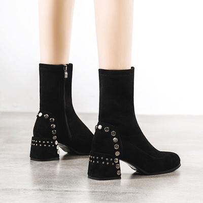 Shoes for Woman Half High Heels Women's Boots Studded Footwear Elegant Heeled Elastic Black Mid Calf Fashion 2024 Winter Novelty