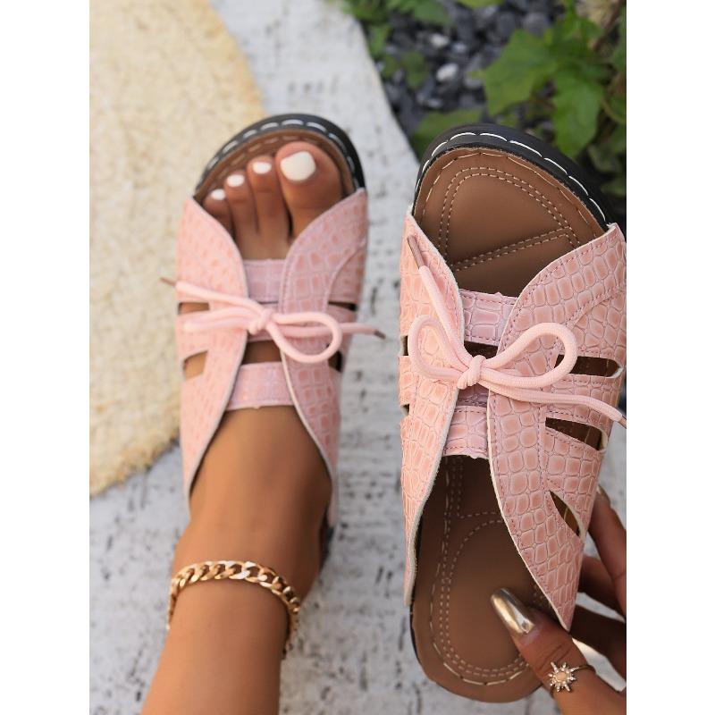 Ladies' Flat Bottomed Casual Slippers, Women's Summer Thick Soled Hollow Bow Sandals, Breathable and Comfortable