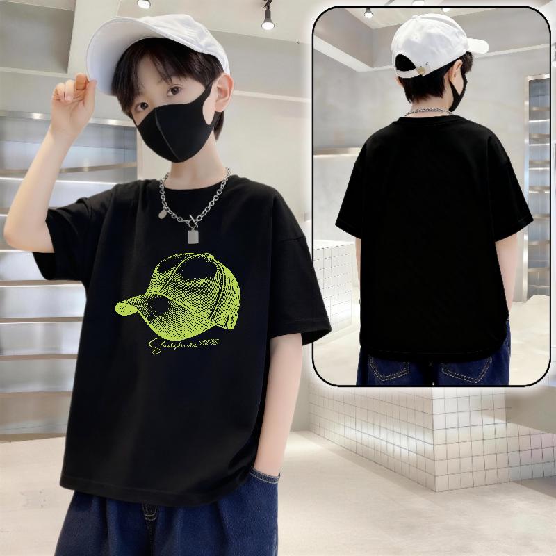 Boys Trendy Loose-Fit Letter Print Pure Cotton Short Sleeve T-Shirt - Summer Style 2026 120 (40-50 lbs)