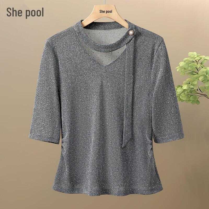 Women s V-Neck Rhinestone Half-Sleeve Top L темно серый