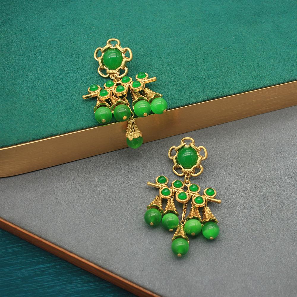 Qingdao Medieval Jewelry Exaggerated Opal Earrings Necklace Set Shoulder Copper Plated Real Gold High-End Jewelry