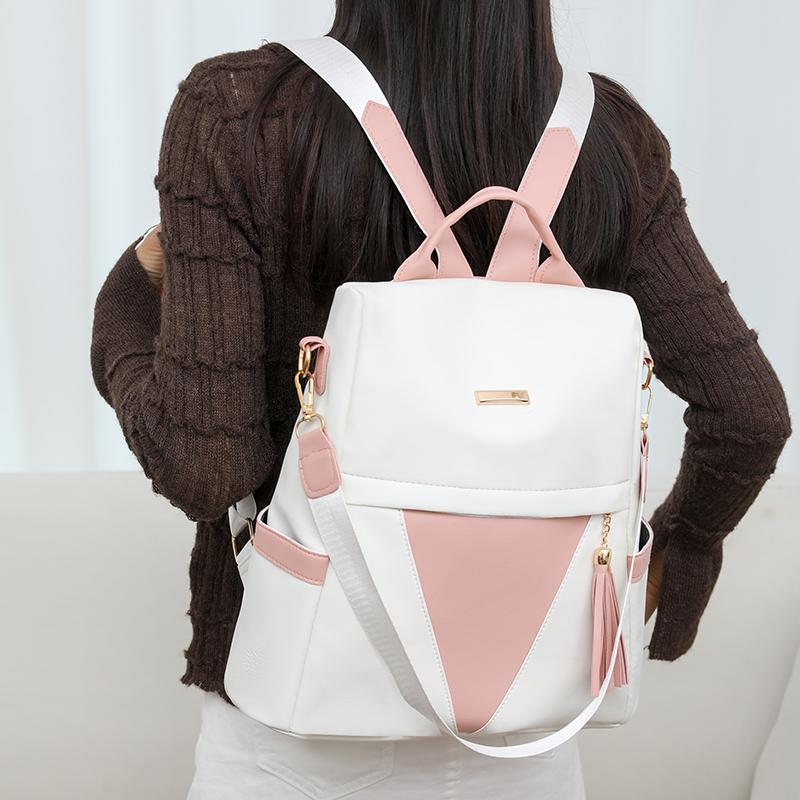 Diebstahlsicherer Rucksack Damen Farbkontrast Pendlerrucksack Großes Fassungsvermögen Multifunktionale Quasten-Umhängetasche