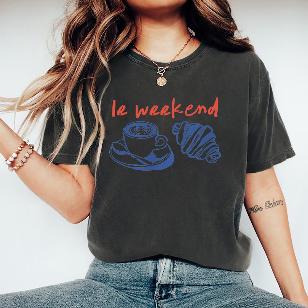 Weekend T-Shirt Coffee Tshirt Croissant Shirt Retro Graphic Tee Casual Short Sleeve Women's T-shirts Vintage Aesthetic Clothes