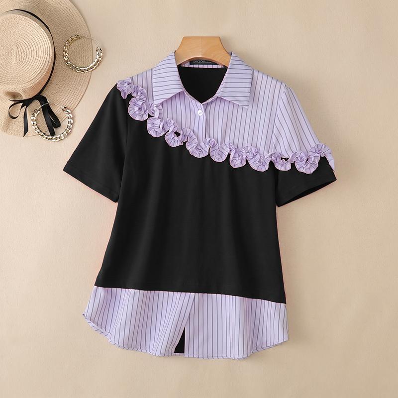 ZANZEA Women Stripe Splice Turn Down Collar Casual Short Sleeve Blouse M