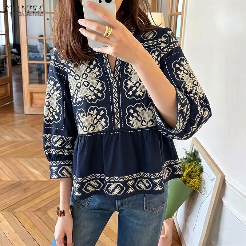 ZANZEA Women Bohemian Print Casual V-Neck 3/4 Sleeve Loose Blouse