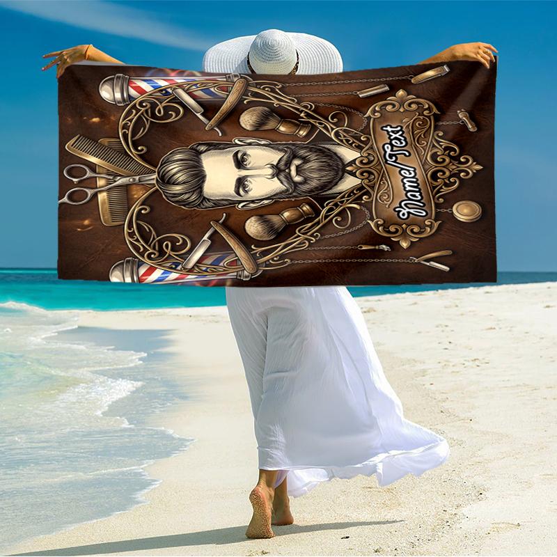 1PC Custom Name Barber Shop Vintage Style Beach Towel Highly Absorbent And Sand-Resistant Towel for Swimming, Pool, Yoga, And Travel Lightweight