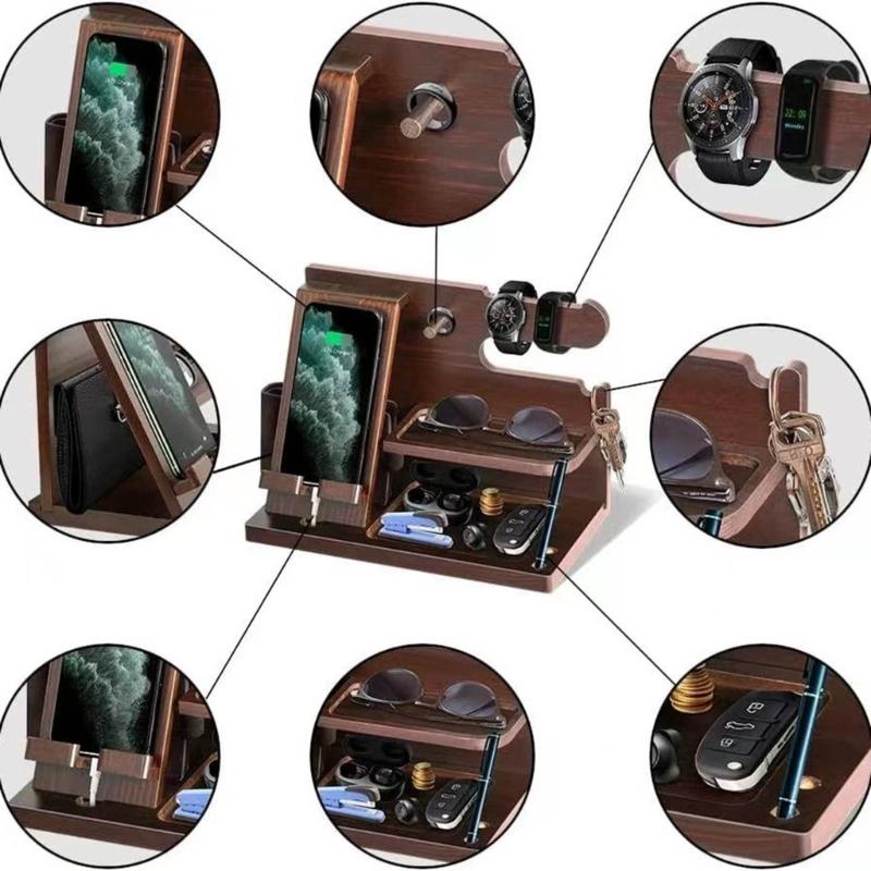 Wood Docking Station Farmhouse Nightstand Organizer Phone Wallet Jewelry Watch Stand Key Holder Bedside Birthday Gift