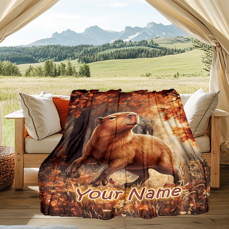 1PC Custom Name Autumn Capybara Adventure flannel blanket versatile,all-season throw suitable for the living room,bedroom,camping,travel,and gift