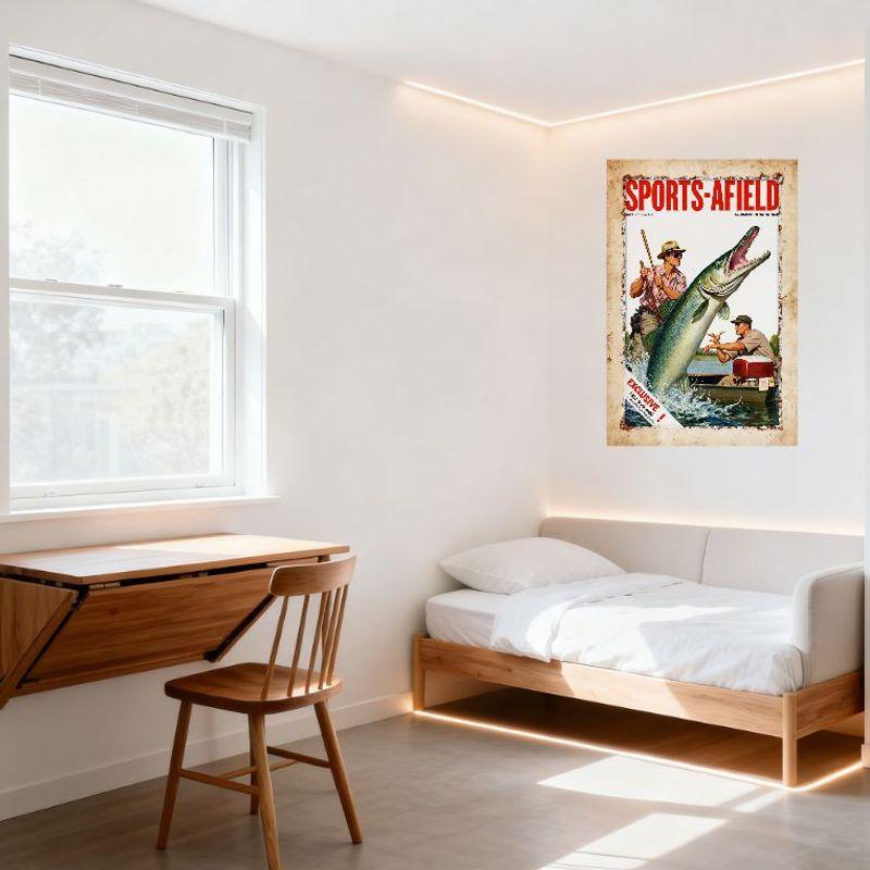 Vintage 1952 Sports-Afield Fishing Muskie Pike Tin Sign, Retro Boat Fishing Scene Metal Wall Decor for Bar Pub Home, Exclusive M