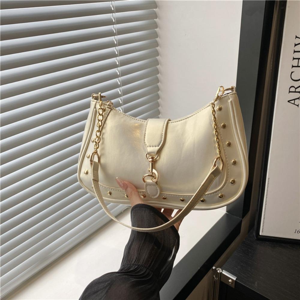 Casual PU Women Shoulder Bag Large Capacity Water-Resistant Crossbod Bag with Hook Lock Metal Rivet Decoration Underarm Bag