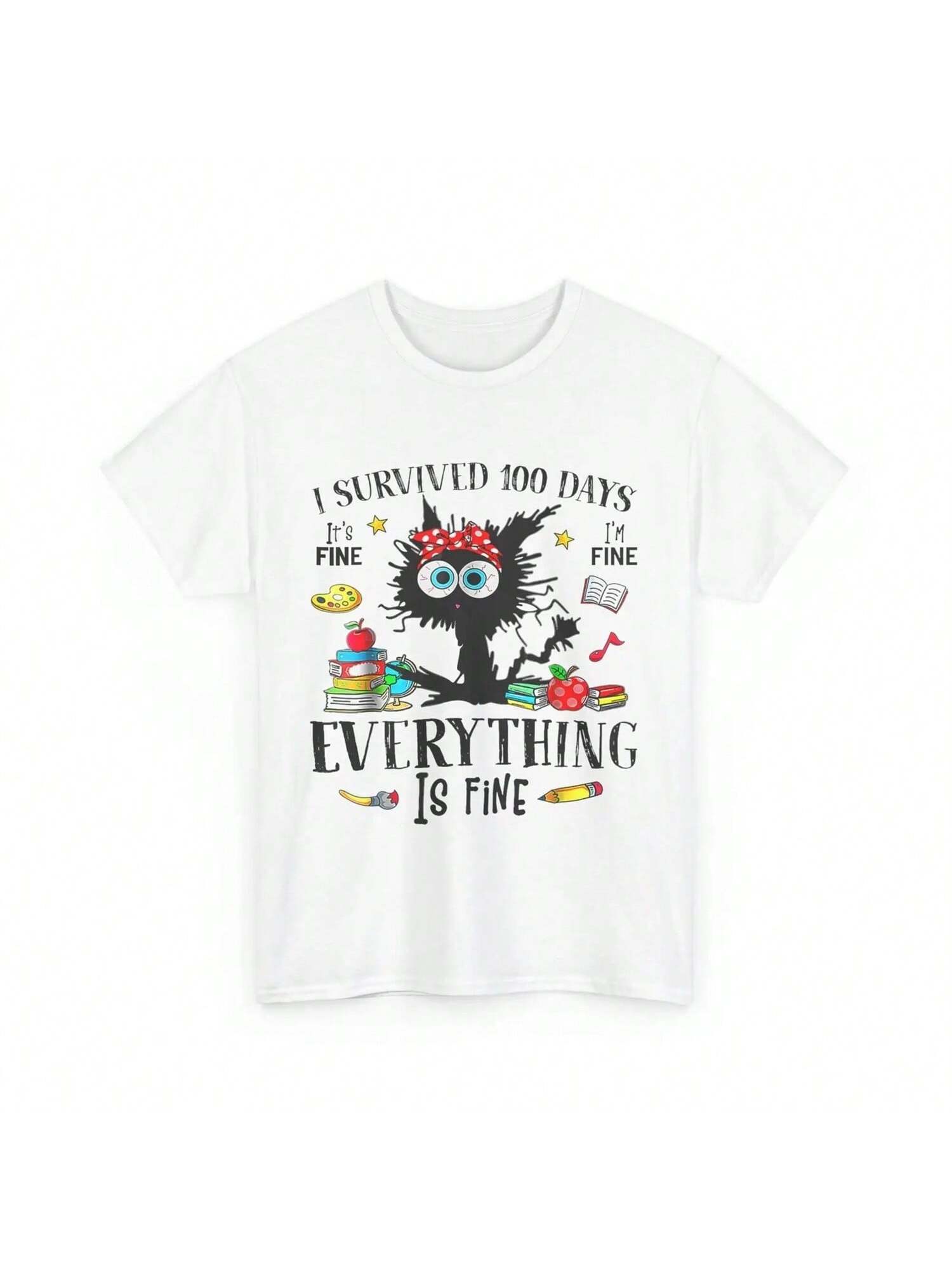 I Survived 100 Days Of School Teacher Kids Funny Cat T Shirt S разноцветный