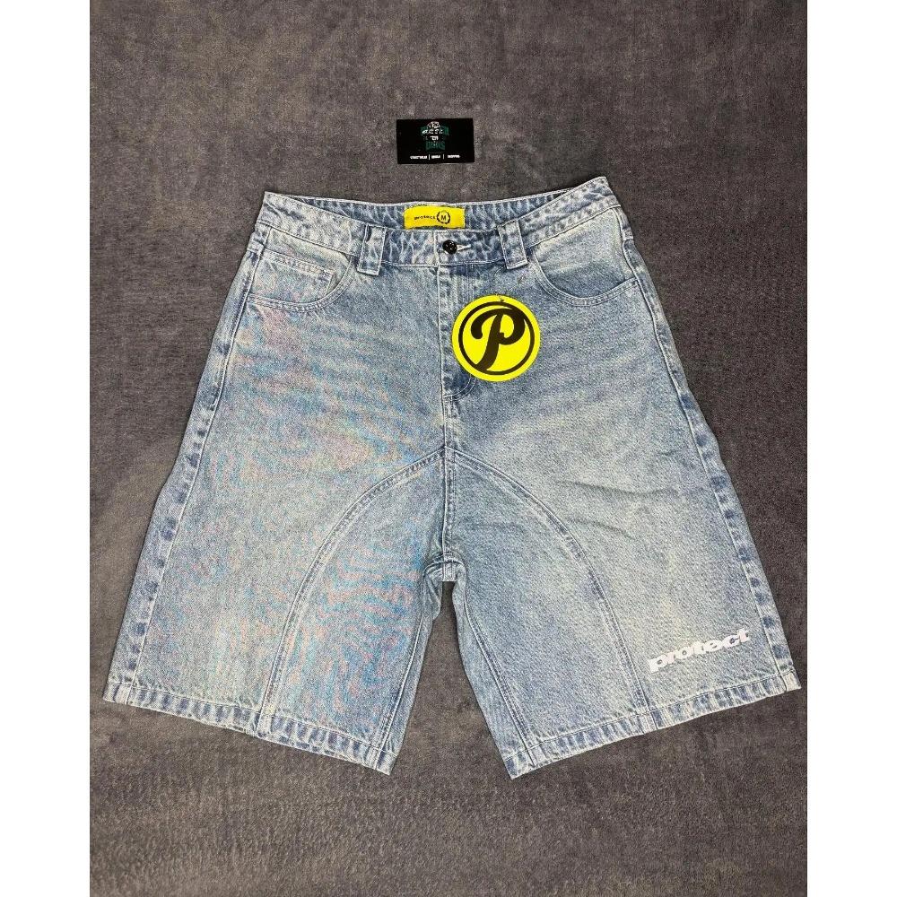 RogueWave Retro Letter Denimshorts Y2K Herren Harajuku Hip Hop Buchstabenstickerei Retro Blau Baggy Shorts Überkniehose Lässige Shorts