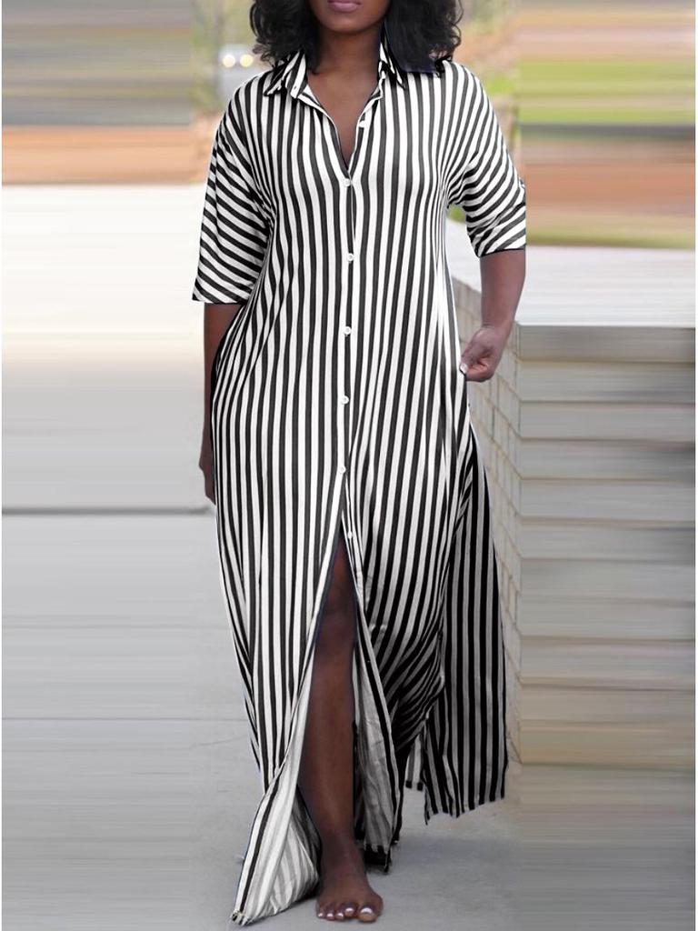 Women's Summer V-Neck Striped Shirt Dress - Loose Fit, Hot Style