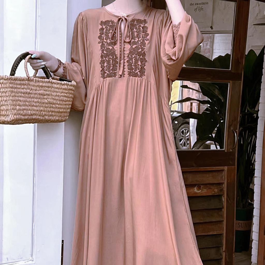 Summer Vintage Art Rochie lungă lejeră Rochie brodata cu mâneci lungi și cu gât