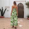 Summer New Style Vacation Fresh Trend One-piece Long Pants with High Waist and Plunging Neckline, Featuring Green Leaf Printed Design.