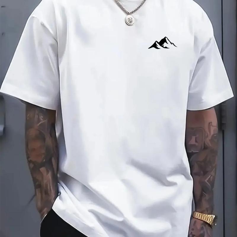 Men's Summer 100% Pure Cotton Fashionable Casual Loose Fit Plus Mountain Reflection Printed Round Neck Short Sleeved T-shirt Top