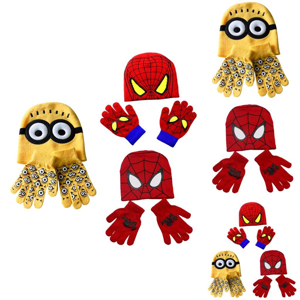 Stylish Children's Spiderman Minions Knitted Hat And Gloves Winter Warm Suit