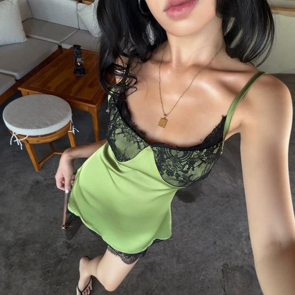 Women's Spice Girl Wind Lace Splicing Pure Desire Suspender Satin A-Word Dress Green Sexy Skinny Short Skirt