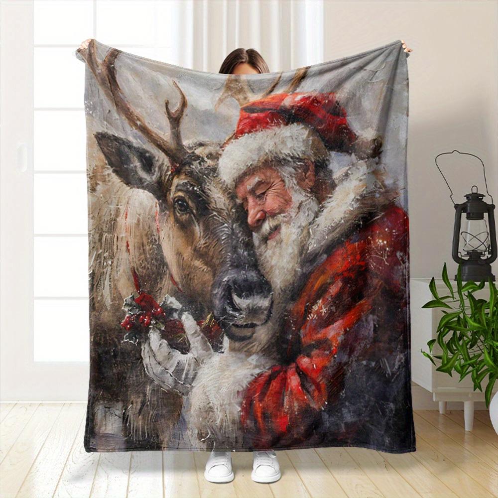1pc, Santa Claus with Deer Christmas Sofa Flannel Blanket, Soft and Warm Sofa Throw, Christmas Wreath Fleece Blanket for Camping