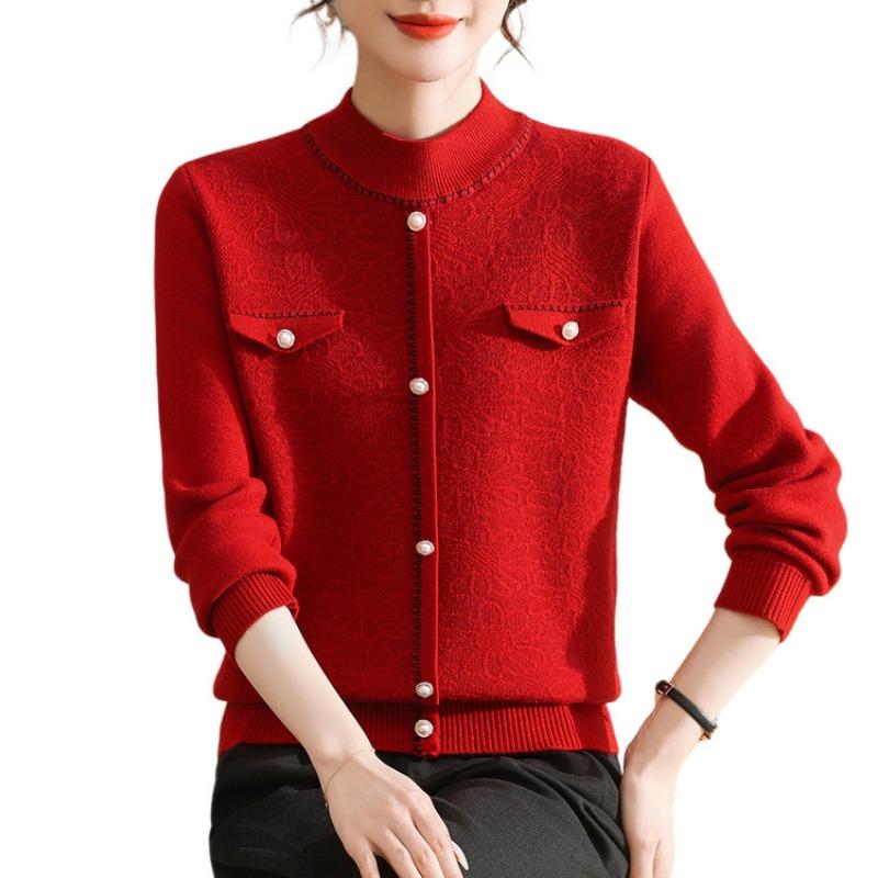 Mid-mother autumn and winter women's sweater jacquard semi-turtleneck pullover fleece thickened knitted bottoming shirt top