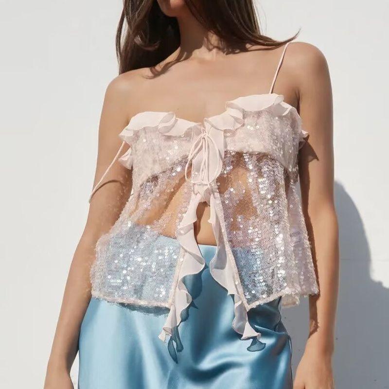 Zbzr Spring New Women Clothes Western Style Fashion Simple and Versatile Casual Sequins Sling Top 9491887